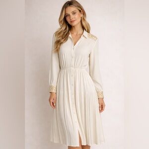 California Design Cream Pleated Midi Shirt Dress Gold Embroidery Size 6 NWT